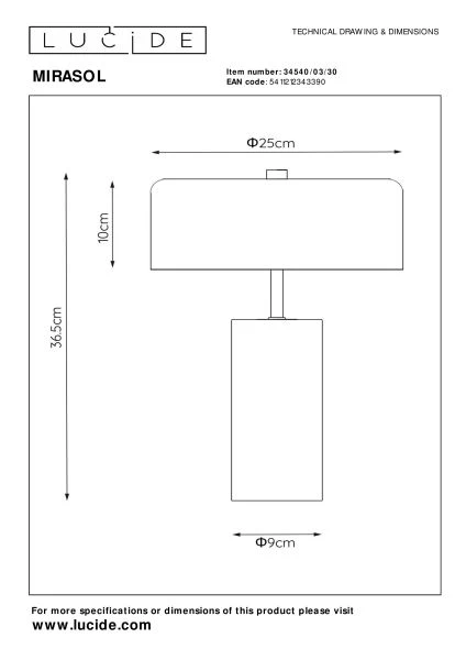 Lucide MIRASOL - Lampe de table - Ø 25 cm - 3xG9 - Noir - technique